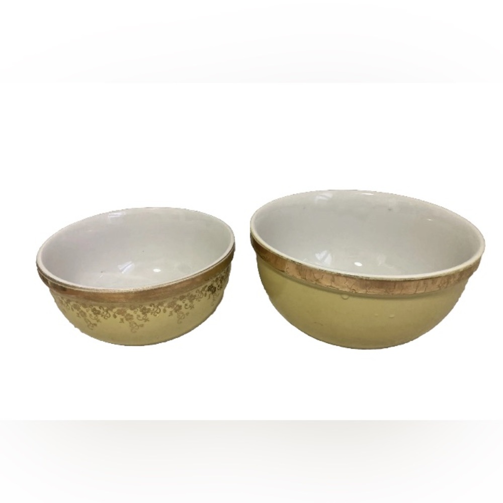 HALL Superior Kitchenware Pottery Mixing Bowls Yellow Gold Foil 1376 USA Set